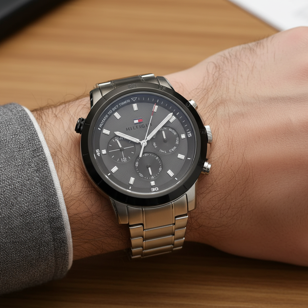 Close up shot of Tommy Hilfiger 1792106 watch on wrist showing the black textured dial and rotating bezel
