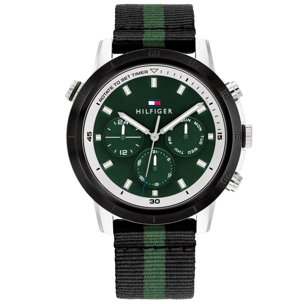 Tommy Hilfiger Banks 1792107 men's watch with silver case, green dial, and black-green striped NATO strap