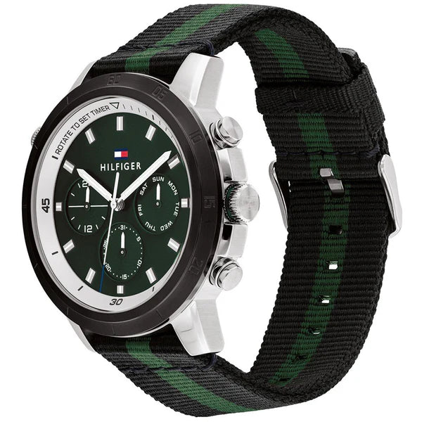 Side view of Tommy Hilfiger 1792107 showing the crown, pushers, and black bezel edge
