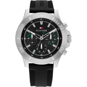 Tommy Hilfiger Bryan 1792111 men's watch with silver case, black dial with green accents, and black rubber strap