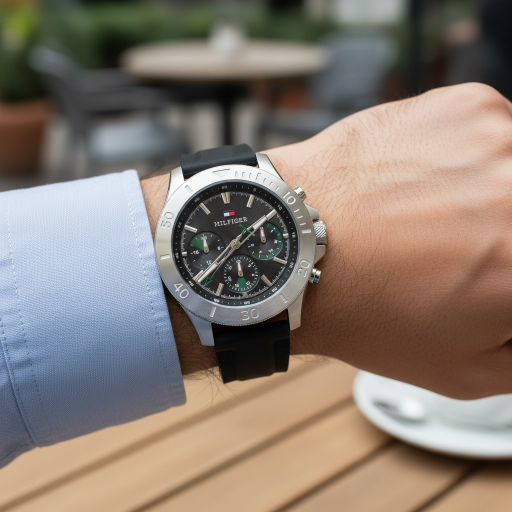 Authentic real-life photo of Tommy Hilfiger 1792111 showing the detailed silver bezel and green dial accents