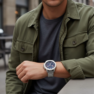 Male model wearing Tommy Hilfiger 1792113 silver steel watch with a modern sport outfit