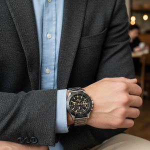 Close up macro view of the black dial and gold-tone markers of Tommy Hilfiger 1792114