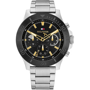 Tommy Hilfiger Bryan 1792114 men's watch with silver case, black bezel, and black dial with gold accents