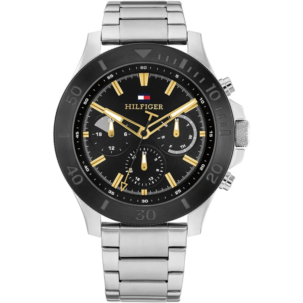 Tommy Hilfiger Bryan 1792114 men's watch with silver case, black bezel, and black dial with gold accents
