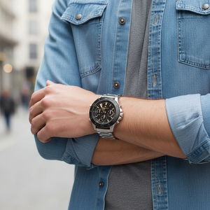 Male model wearing Tommy Hilfiger 1792114 silver steel watch with a casual sport outfit