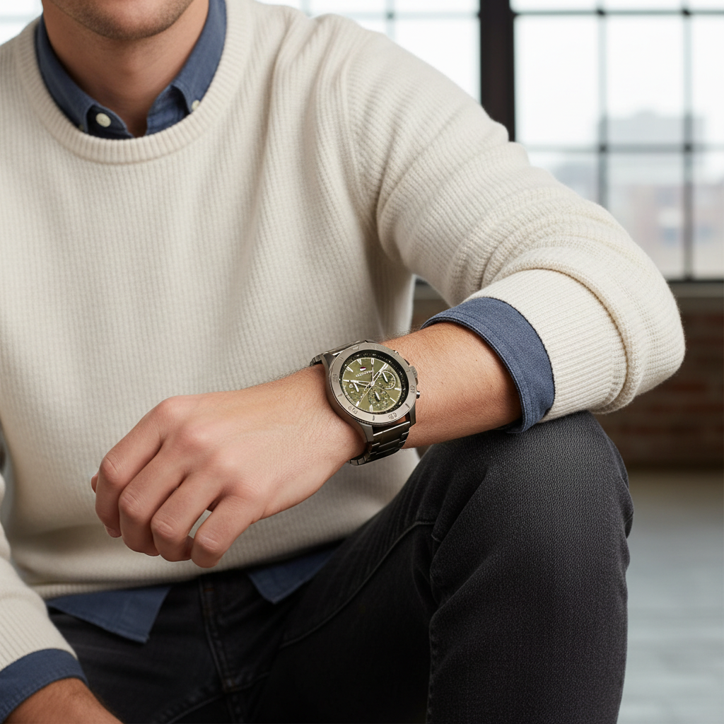 Male model wearing Tommy Hilfiger Bryan 1792115 gunmetal watch with casual outfit