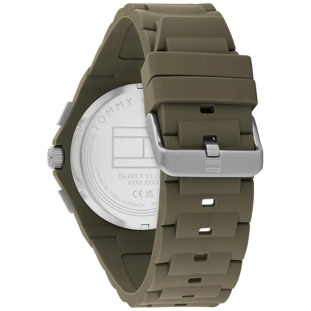 Left side perspective of the Tommy Hilfiger 1792121 green dial and integrated strap