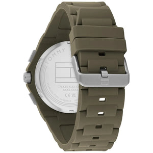 Left side perspective of the Tommy Hilfiger 1792121 green dial and integrated strap