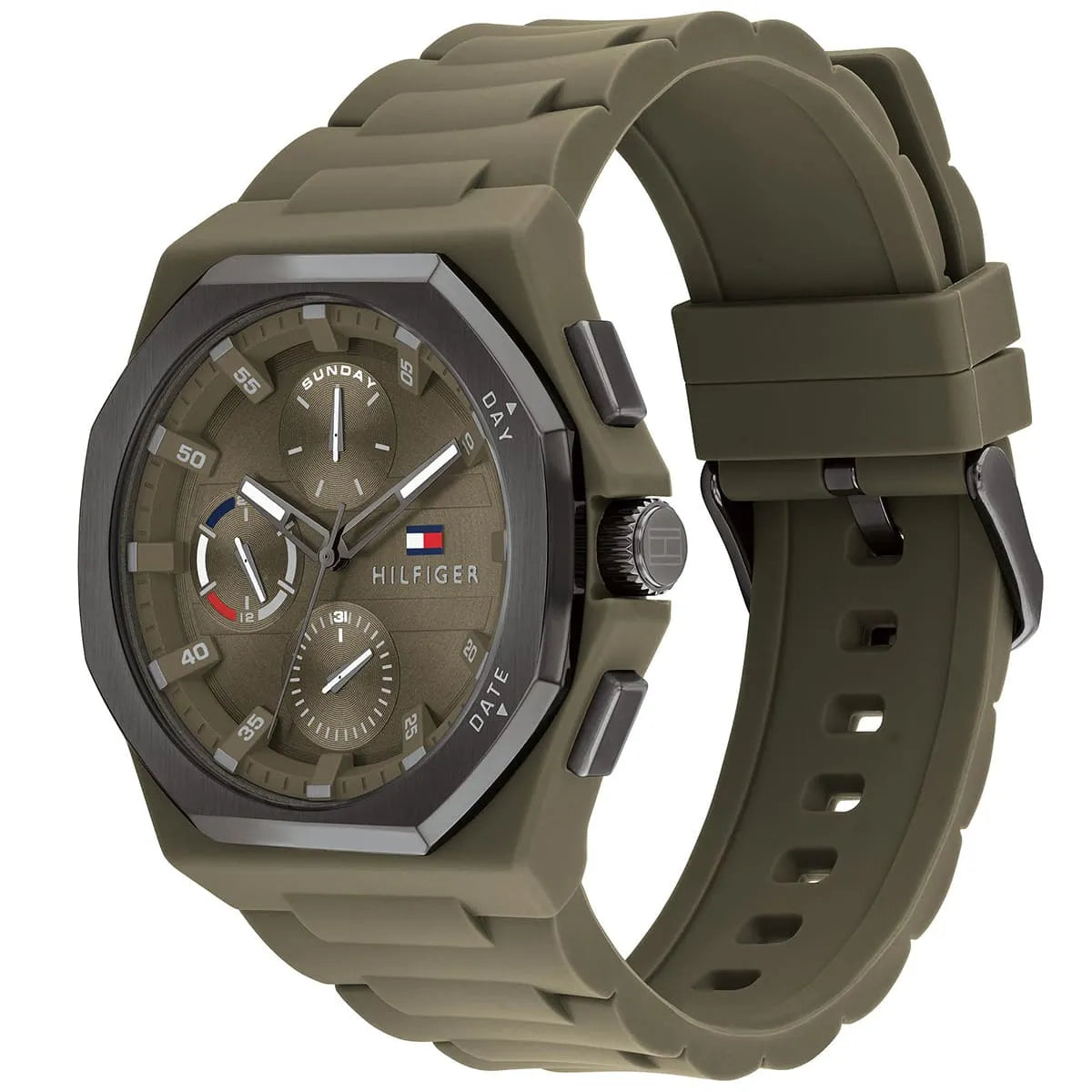 Angled view of the Tommy Hilfiger 1792121 highlighting the matte green finish