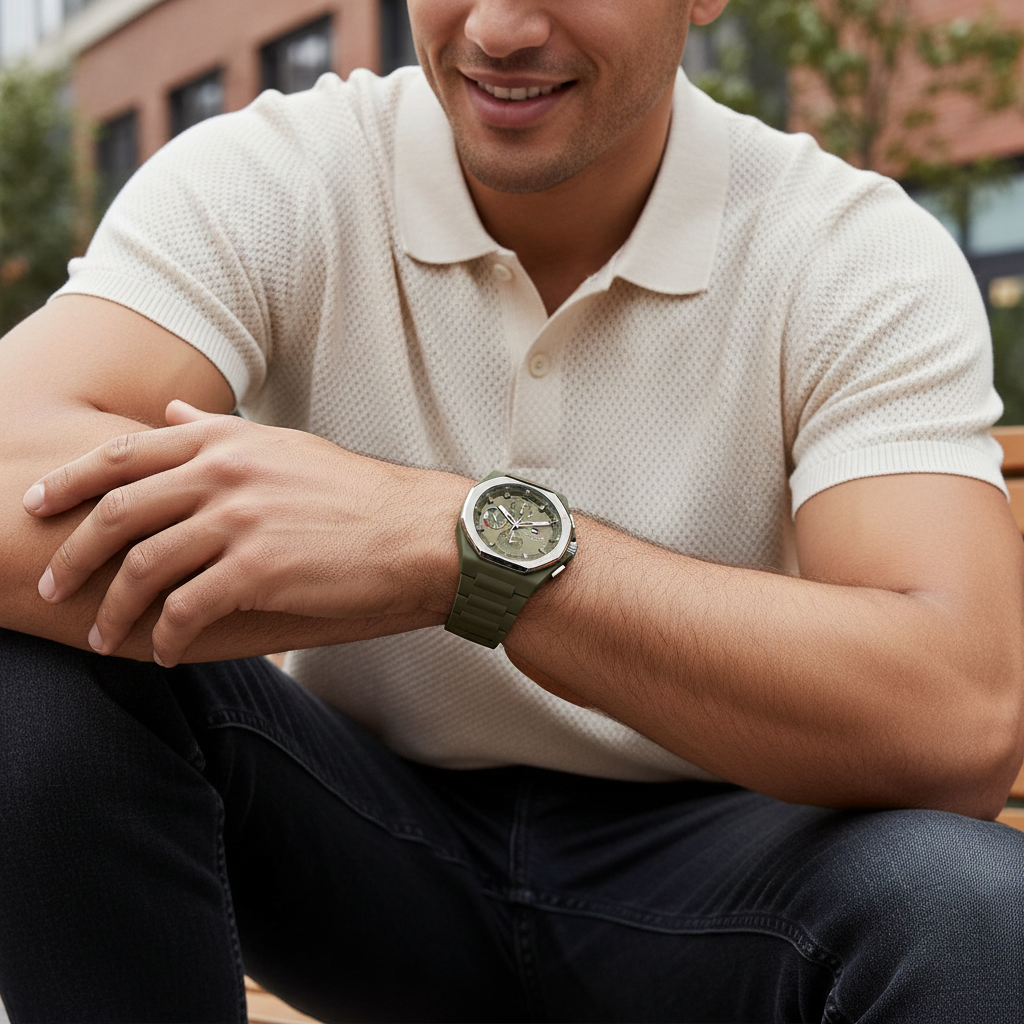 Male model wearing Tommy Hilfiger 1792121 green silicone watch with a tactical urban outfit