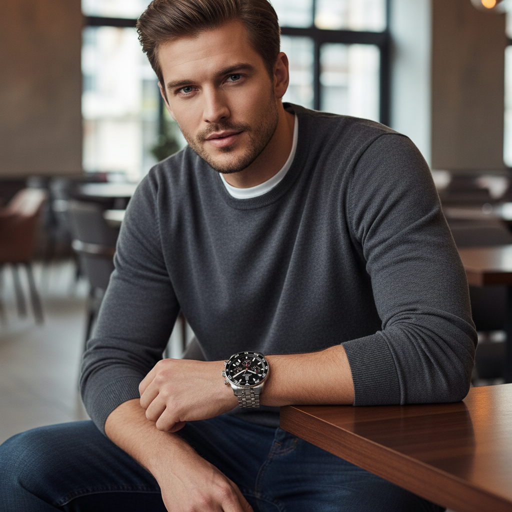 Male model wearing Tommy Hilfiger 1792156 silver steel watch with a professional suit