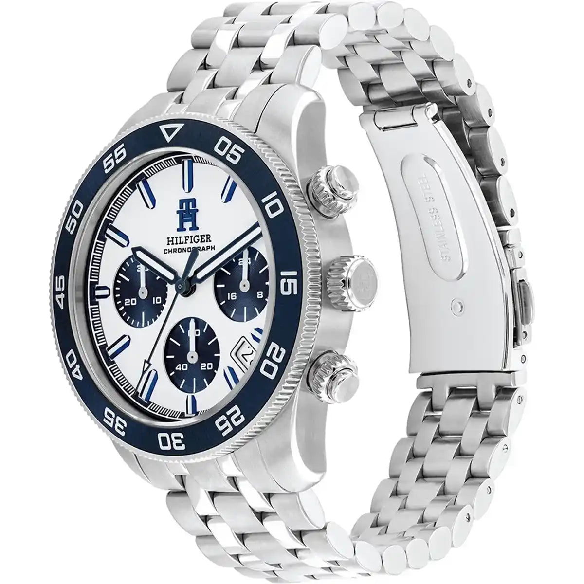 Side view of Tommy Hilfiger 1792157 showing the silver crown and chronograph pushers