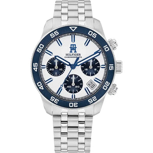 Tommy Hilfiger TH85 1792157 men's chronograph watch with silver case, blue bezel, and white dial