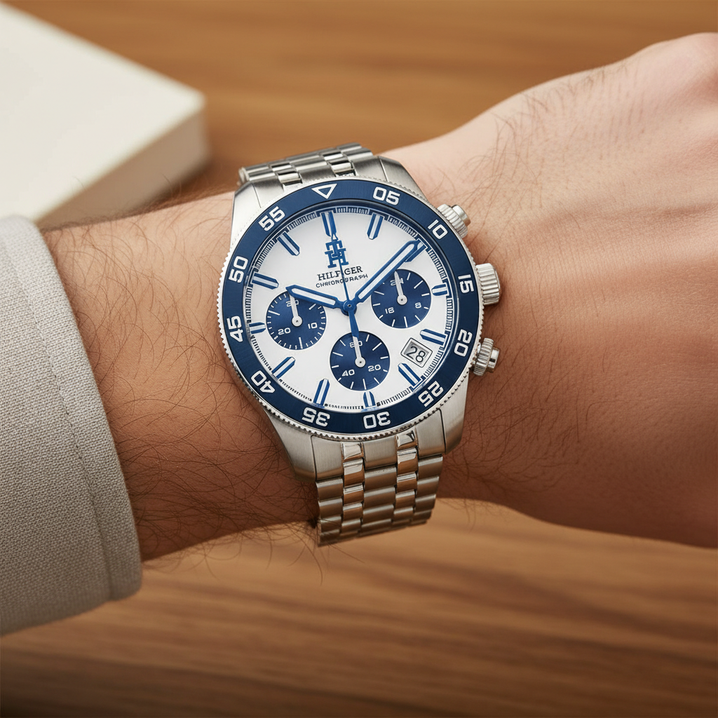 Detailed macro view of the white dial and navy blue sub-dials of Tommy Hilfiger 1792157