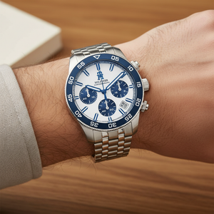 Detailed macro view of the white dial and navy blue sub-dials of Tommy Hilfiger 1792157