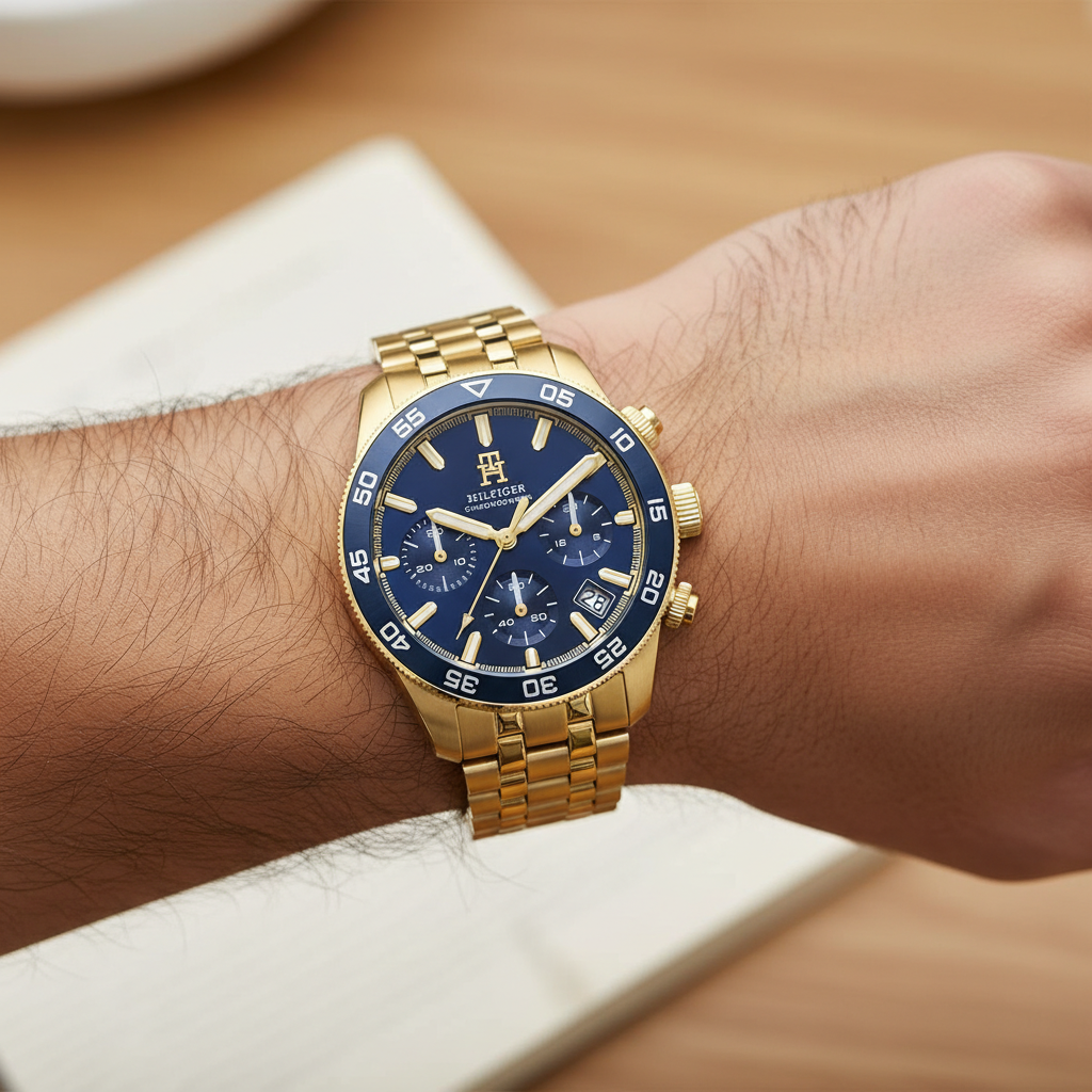 Close up macro view of the navy blue dial and gold sub-dials of Tommy Hilfiger 1792158