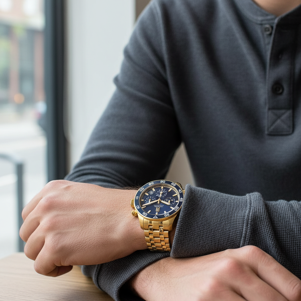 Male model wearing Tommy Hilfiger TH85 1792158 gold watch with a formal suit