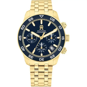 Tommy Hilfiger TH85 1792158 men's chronograph watch with gold-tone case, blue bezel, and blue dial