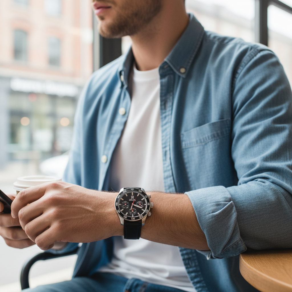 Male model wearing Tommy Hilfiger TH85 1792162 black leather watch with a formal outfit