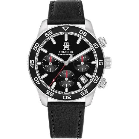 Tommy Hilfiger TH85 1792162 men's chronograph watch with silver case, black bezel, and black leather strap
