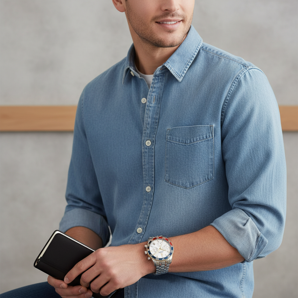 Male model wearing Tommy Hilfiger 1792184 pepsi bezel watch with a stylish outfit