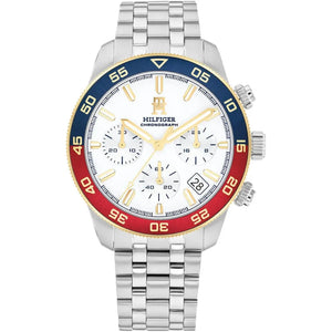 Tommy Hilfiger TH85 1792184 men's chronograph watch with silver case, pepsi bezel, and white dial