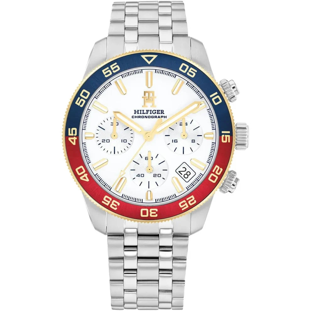 Tommy Hilfiger TH85 1792184 men's chronograph watch with silver case, pepsi bezel, and white dial