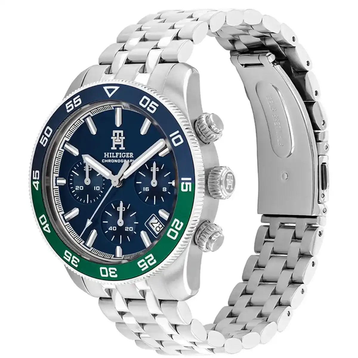 Side view of Tommy Hilfiger 1792185 showing the silver crown and chronograph pushers