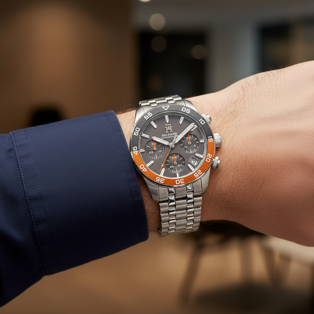 Detailed macro view of the grey sunray dial, orange accents, and date window of Tommy Hilfiger 1792186