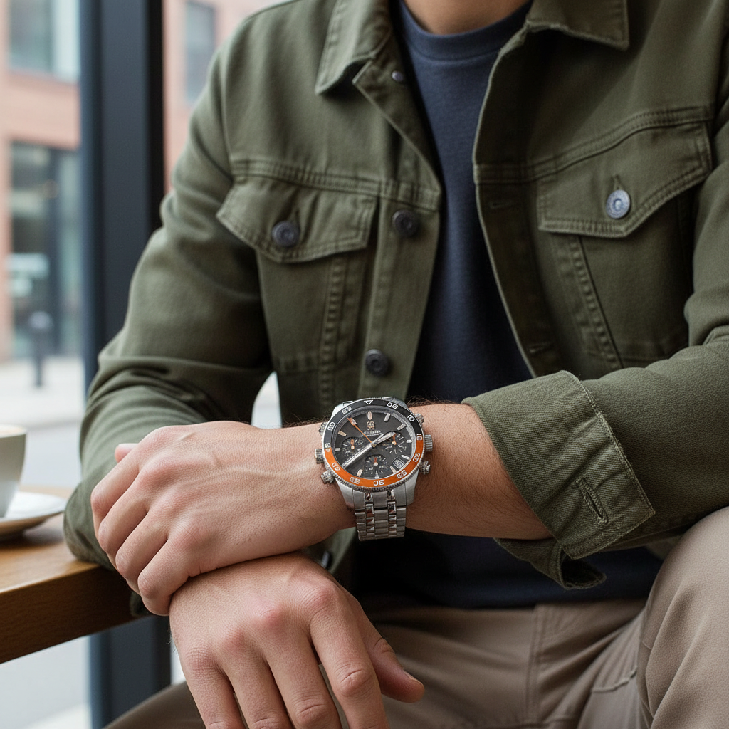 Male model wearing Tommy Hilfiger TH85 1792186 orange bezel watch with a stylish modern outfit