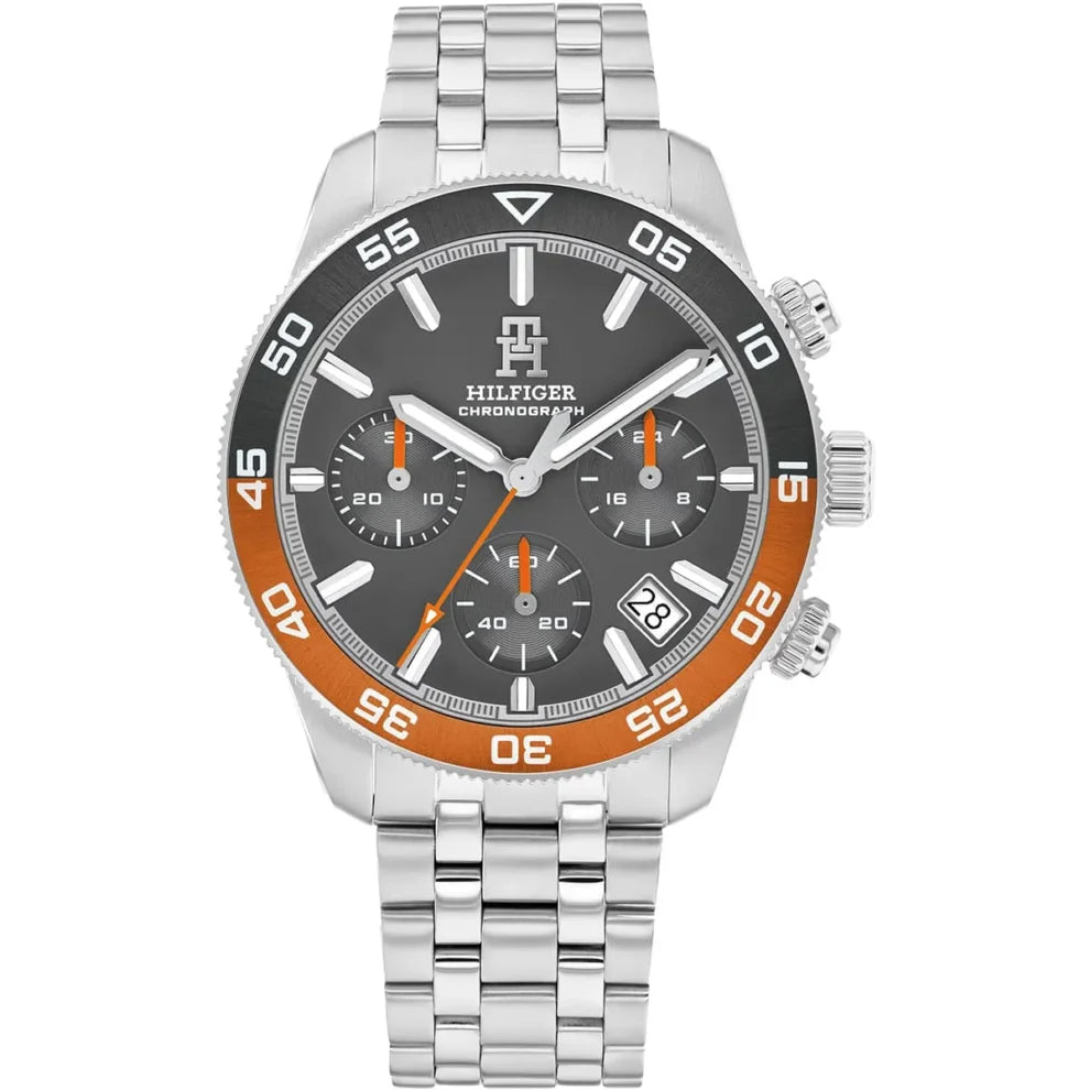 Tommy Hilfiger TH85 1792186 men's chronograph watch with silver case, orange-grey bezel, and grey dial