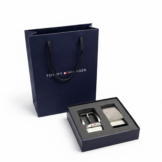 Close up of two interchangeable Tommy Hilfiger belt buckles: Metal Plaque and Classic Prong