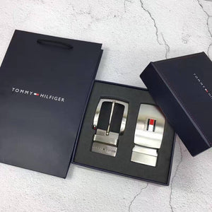 Tommy Hilfiger 3-Piece Belt Gift Set displayed in box with matching navy blue shopping bag