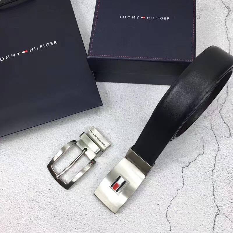 Tommy Hilfiger 3-Piece Belt Gift Set displayed in box with matching navy blue shopping bag