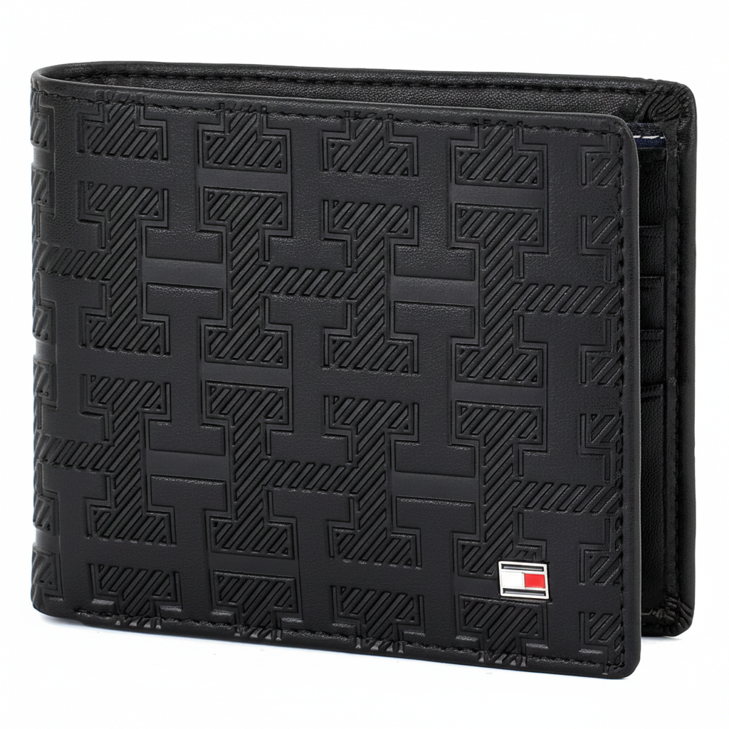 Front view of a Tommy Hilfiger brown leather wallet highlighting the embossed branding stripe and the iconic silver-toned enamel flag logo