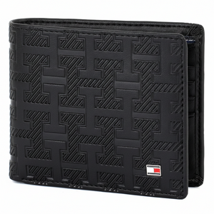 Front view of a Tommy Hilfiger brown leather wallet highlighting the embossed branding stripe and the iconic silver-toned enamel flag logo