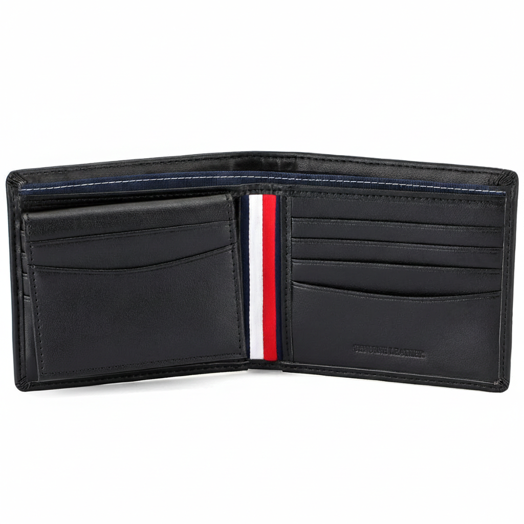 Detailed interior of the Tommy Hilfiger brown leather wallet showing multiple card slots, a secure buttoned coin pocket, and the "Genuine Leather" stamp