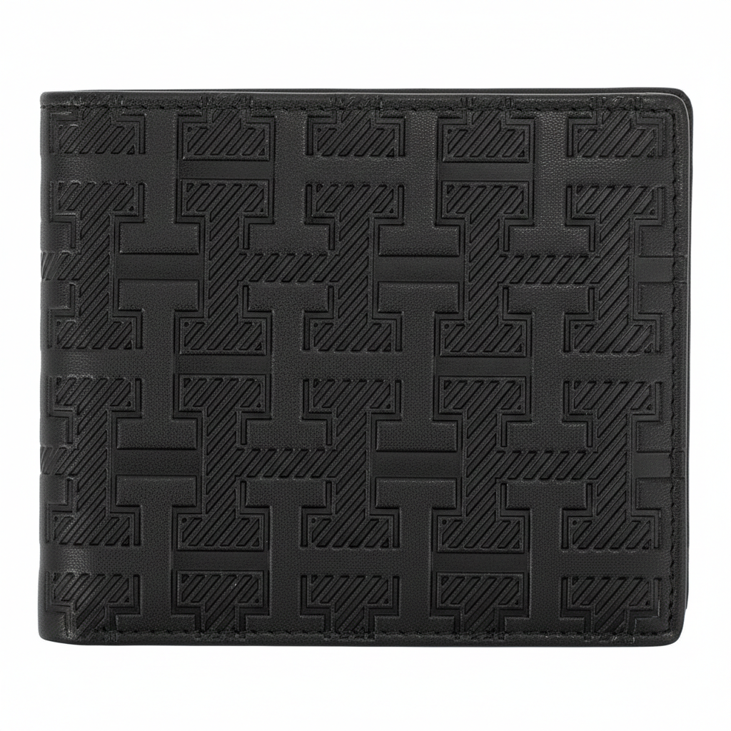 Rear view of the Tommy Hilfiger brown genuine leather wallet highlighting the smooth texture and the continuous horizontal branding stripe