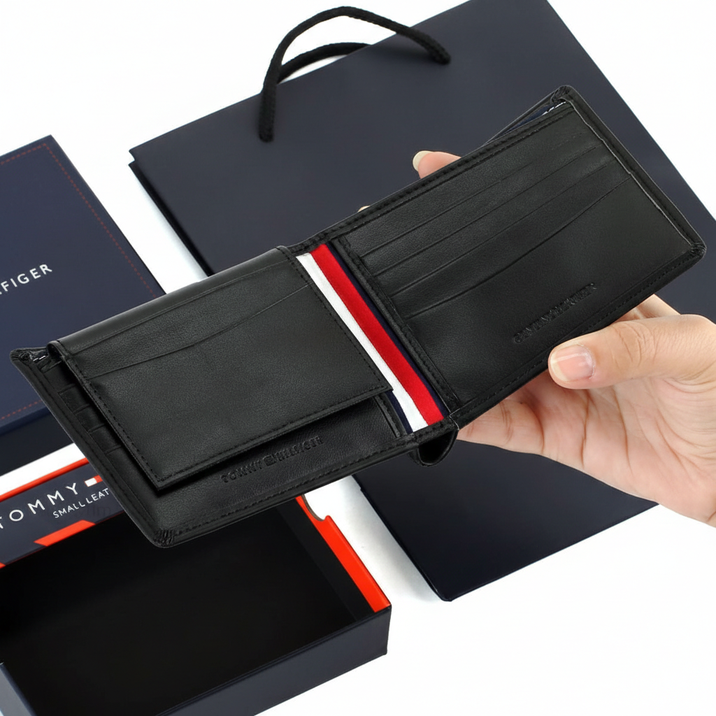 Handheld display of an open Tommy Hilfiger Black leather wallet, showcasing the internal compartments and the embossed brand name