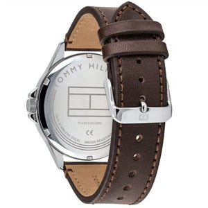 Profile view of Tommy Hilfiger Shawn showing case thickness and brown leather strap