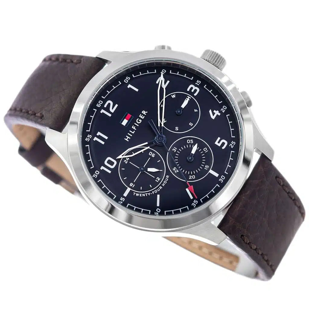 Angled shot highlighting the brown genuine leather strap on Tommy Hilfiger 1791855