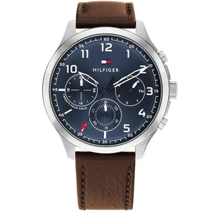 Tommy Hilfiger Asher 1791855 men's watch silver case brown leather blue dial
