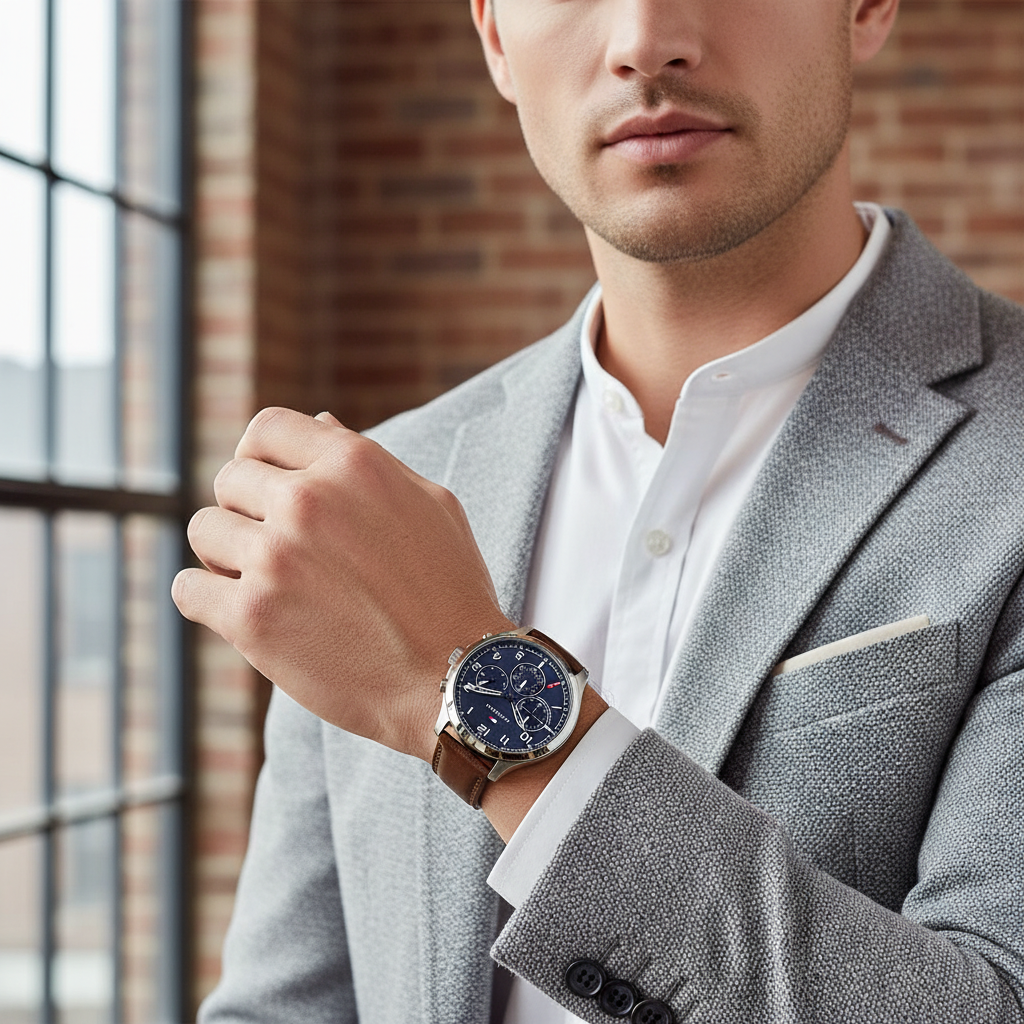 Man wearing casual Tommy Hilfiger Asher 1791855 watch with blue dial and leather