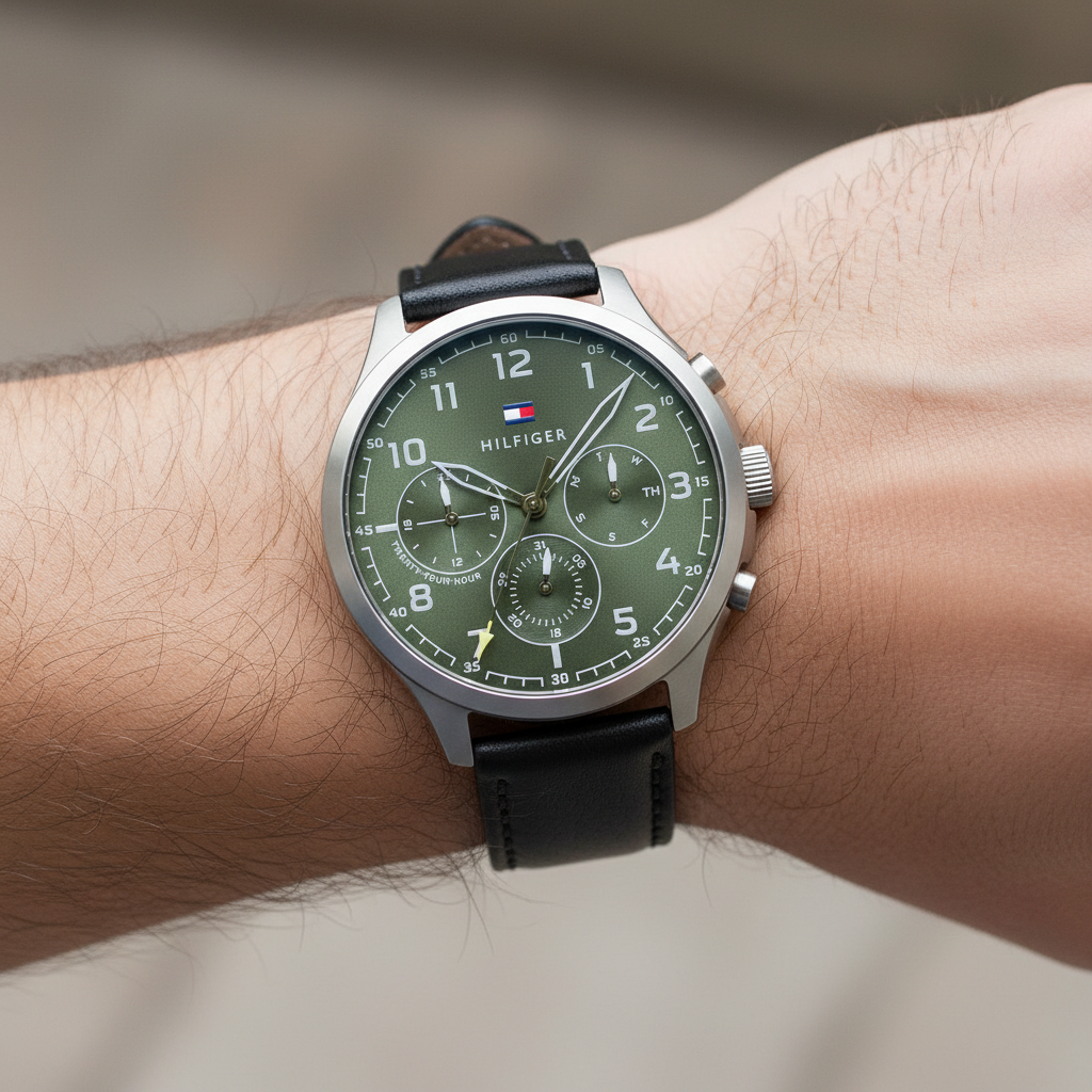 Close up of olive green dial and multi-function sub-dials of Tommy Hilfiger 1791856