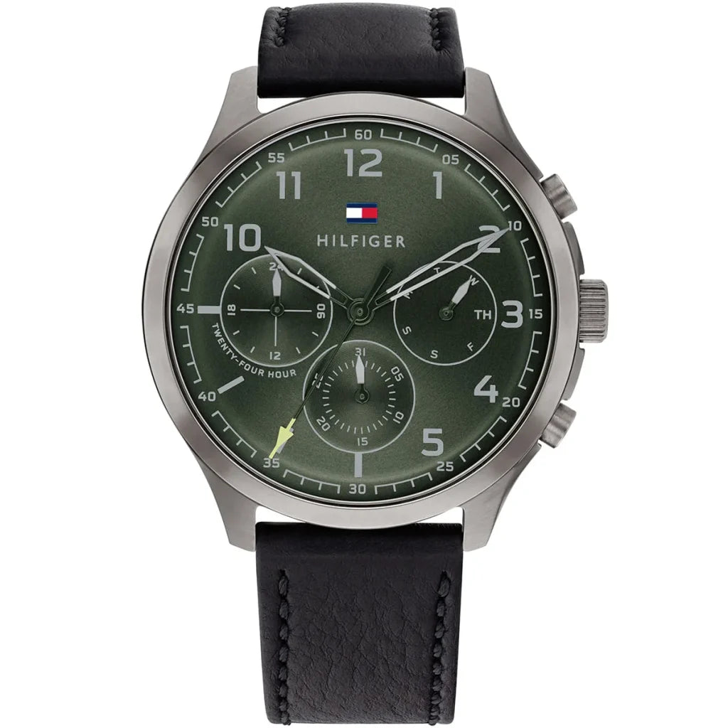 Tommy Hilfiger Asher 1791856 men's watch gunmetal case black leather green dial