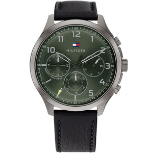 Tommy Hilfiger Asher 1791856 men's watch gunmetal case black leather green dial