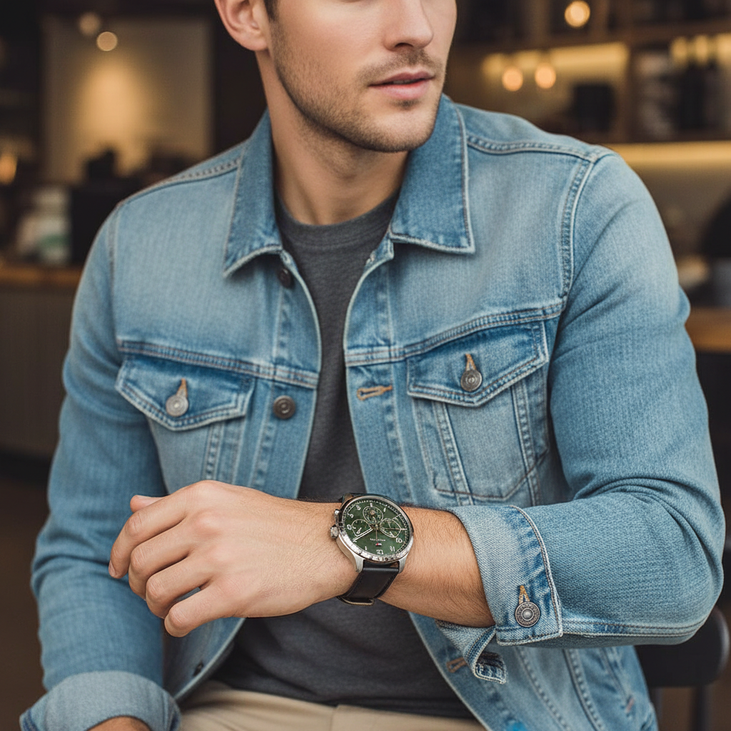 Man wearing stylish Tommy Hilfiger Asher 1791856 watch with olive green dial