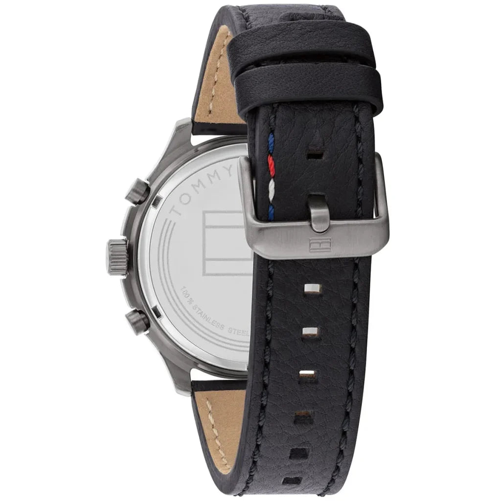 Profile view of Tommy Hilfiger Asher showing case thickness and leather strap