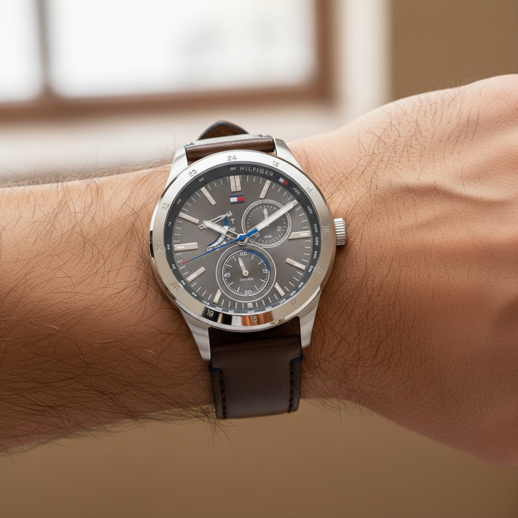 Close up of grey sunray dial and multi-function sub-dials of Tommy Hilfiger 1791637